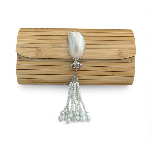Handmade Handbags - Handmade Bamboo Clutch with Pearl Tassel & Mother-of-Pearl Accent